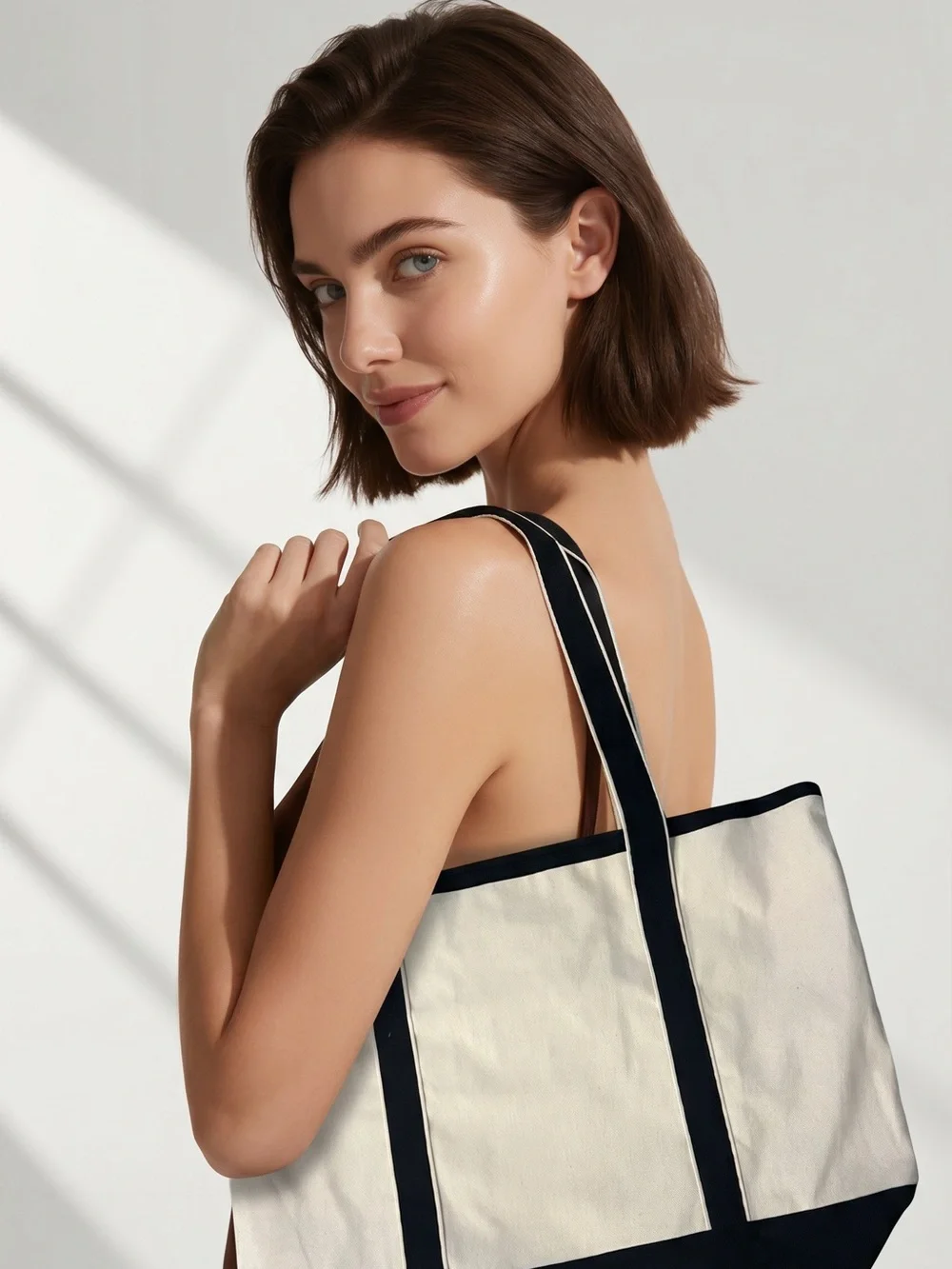 Canvas Tote Bag in Cream with Black Trim - Large Market Tote